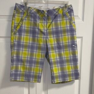 Plaid Shorts in Yellow and Purple Golf Shorts.